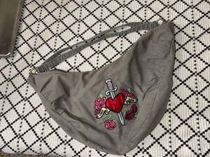 Vintage Y2K Chateau Gray Hobo Bag Heart Dagger Roses Tattoo Embroidered Purse